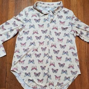 LuLaRoe Collared Button Up Long Sleeve Top With Butterflies
